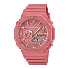 CASIO G-SHOCK GMA-S2100-4A2 "CASIOAK MINI" PINK A/D WATCH This series downsizes the GA-2100 to create a simple and slim design. The octagonal bezel, flat face, simple bar hour markers, and carbon core guard structure that are distinctive features of the GA-2100 are now available in a compact configuration. Basic Information Case size (L× W× H) 46.2 × 42.9 × 11.2 mm Weight 41 g Case and bezel material Carbon / Resin Band Resin Band Construction Shock Resistant Carbon Core Guard structure Water resistance 200-meter water resistance Power supply and battery life Approx. battery life: 3 years on SR726W X 2 Exterior Glass Mineral Glass Compatible band size 140 to 205 mm Other Neobrite Watch Features World time World time 31 time zones (48 cities + coordinated universal time), daylight saving on New G Shock, Casio G Shock Watches, Casio Classic, Light Gold Color, Pink Watch, Amazing Watches, G Shock Watches, Unisex Watches, Casio G Shock