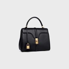 SMALL 16 BAG IN SATINATED CALFSKIN - BLACK | CELINE High-end Travel Shoulder Bag With Lock, High-end Flap Bag With Top Carry Handle For Evening, Luxury Leather Satchel With Lock, Luxury Top Handle Shoulder Bag With Lock, High-end Leather Bag With Lock, High-end Business Bags With Lock, Luxury Double Handle Shoulder Bag With Lock, Rectangular Business Bag With Lock, Elegant Formal Bag With Lock