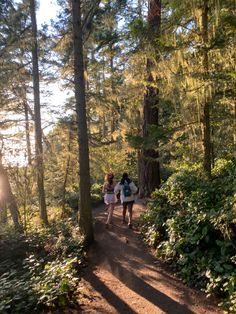 two people walking down a trail in the woods