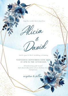 an elegant wedding card with blue flowers and gold foil on the front, in watercolor