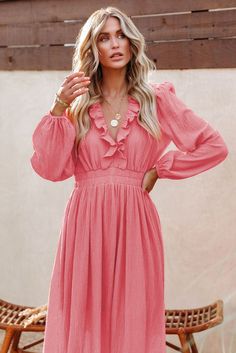 Ruffled V Neck Empire Waist Maxi Dress Pink Ruffled Fall Dress, Solid Ruffled Mini Dress For Brunch, Solid Color Ruffled Mini Dress For Brunch, Long Sleeve Midi Dress With Ruffles For Spring, Long Sleeve Midi Dress With Ruffles For Day Out, Solid Mini Dress With Ruffles For Brunch, Long Sleeve Midi Dress With Ruffles For Brunch, Spring Solid Mini Dress With Ruffle Hem, Pink Long Sleeve Ruffle Dress For Spring