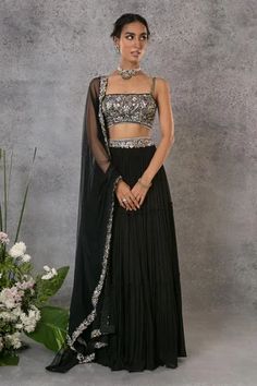 Shop for Pritika Vora Black Organza Silk Embroidered Sequin Lehenga Set for Women Online at Aza Fashions Embellished Georgette Sharara For Evening, Festive Anarkali Embellished Skirt, Wedding Embellished Georgette Skirt, Festive Embellished Party Skirt, Georgette Skirt With Traditional Drape For Reception, Reception Skirt In Georgette With Traditional Drape, Embellished Georgette Skirt For Party, Elegant Embellished Georgette Skirt, Festive Embellished Georgette Skirt