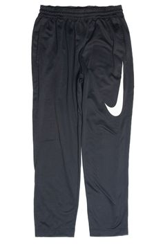 the nike sweatpants are black and have white logos on them, but no one is wearing