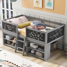 Twin Size Low Loft Bed with Two Movable Shelves and Ladder,with Decorative Guardrail Chalkboard Chalkboard House, Movable Shelves, Girls Loft Bed, Low Loft Bed, Movable Shelf, Movable Storage, Loft Bed Frame, Kids Loft, Twin Size Loft Bed