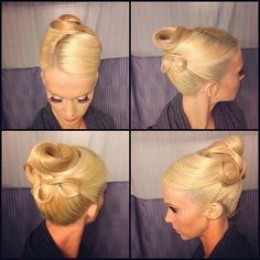 High twist bun and swirls with side part, no stones (yet). Good hairstyle for standard. Visit http://ballroomguide.com/comp/hair_make_up.html for more hair and makeup info Dancesport Hairstyle, Quotes Determination