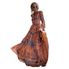 Printed dress round neck long sleeve large swing dress Afrikaanse Mode, Casual Party Dresses, Long Dress Casual, Outfit Trends, Maxi Robes, Vintage Maxi Dress, Modieuze Outfits, Chiffon Long Sleeve, Chiffon Maxi Dress