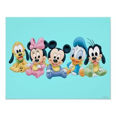 mickey mouse and other cartoon characters sitting together on a blue background with the words disney written in