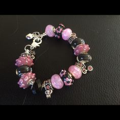 Brand New Gorgeous Silver Bracelet With 3d Murano Flower Beads . Size 7.5 Inches , But Can Fit Up To 10 Inch Wrist. Perfect Gift For The Spring. Pink And Black Bracelets, Spring Beaded Bracelets, Future Girlfriend, Jewelry Accessories Ideas, Accessories Ideas, Black Bracelets, Flower Beads, Hippie Jewelry, Pink Bracelet