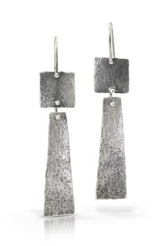 Sterling Silver Earrings - A rough texture contrasts with the long and elegant shape of these sterling silver earrings.  Theyve been oxidized to highlight texture.  From the top of the ear wire to the bottom of the earring, they are about 2 and a half inches long. Modern Sterling Silver Linear Earrings With Hammered Detail, Hand Forged Long Drop Modern Earrings, Modern Sterling Silver Hammered Linear Earrings, Modern Hammered Sterling Silver Linear Earrings, Hammered Sterling Silver Long Drop Earrings, Contemporary Hammered Sterling Silver Earrings, Metal Earrings Handmade, Simple Silver Earrings, Soldering Jewelry