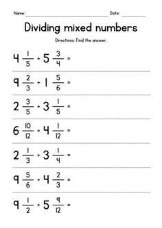 a worksheet for dividing mixed numbers