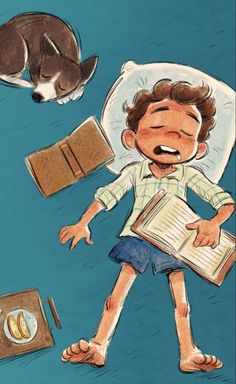 a drawing of a boy laying in bed next to a cat and an open book