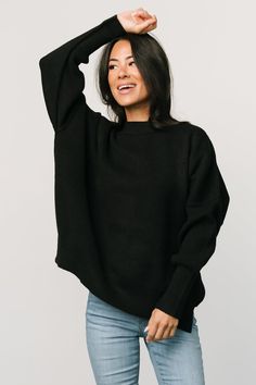 Jeremiah Knit Sweater | Black Slouchy Sweater With Ribbed Cuffs For Fall, Oversized Cozy Cropped Sweater With Ribbed Neckline, Cozy Oversized Cropped Sweater With Ribbed Neckline, Oversized Cropped Sweater With Ribbed Neckline, Oversized Knit Cropped Sweater With Ribbed Neckline, Chic Winter Cropped Sweater With Ribbed Neckline, Chic Cropped Sweater With Ribbed Neckline For Winter, Everyday Knit Cropped Sweater For Fall, Fall Sweater With Batwing Sleeve And Ribbed Cuffs