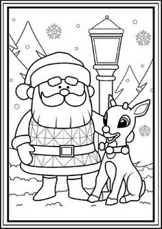 santa claus and his reindeer in the snow with a street light on it's side