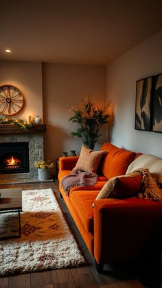 a living room filled with furniture and a fire place under a clock mounted on the wall