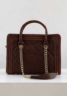 [Color: Brown] A genuine brown leather purse with a quilted exterior Elegant Quilted Business Bag, Formal Quilted Tote Shoulder Bag, Business Leather Quilted Bag, Quilted Leather Business Bag, Classic Bag With Chain Strap And Double Handle, Formal Quilted Bag, Rectangular Shape, Quilted Leather Satchel Bags, Timeless Quilted Business Bag, Quilted Leather Shoulder Bag With Double Handle