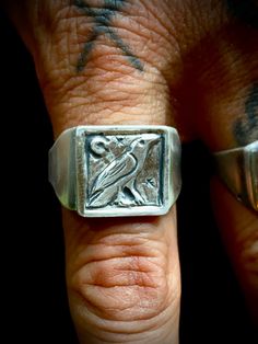 Hand engraved sterling silver raven moon signet ring. One of a kind. Size 12. Moon Signet Ring, Men Signet Ring, Class Rings, Custom Signet Ring, Wax Ring, Signet Ring Men, Silver Signet Ring, Dope Jewelry, Funky Jewelry