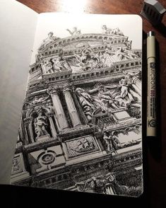 a pencil drawing of a building with statues on it