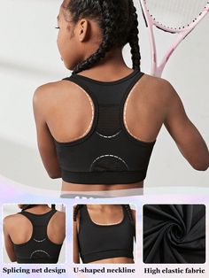 Tween Girl Sports Bra For Yoga, Gym, Running And Comprehensive Training, Skin-Friendly & Comfortable Black   Sleeveless Fabric Plain  Medium Stretch  Tween Girls Clothing, size features are:Bust: ,Length: ,Sleeve Length: Stretch Sports Bra For Workout, Black Sleeveless Moisture-wicking Sports Bra, Black Breathable Sleeveless Sports Bra, Black Sleeveless Activewear For Sports Season, Black Sleeveless Sports Bra, Sleeveless Black Sports Bra, Black Medium Support Sportswear Tank Top, Black Sportswear Tank Top With Medium Support, Sportswear Black Tank Top With Medium Support