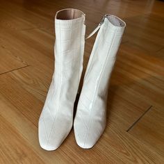 Size 6, Ivory Textured Booties By Steve Madden. Never Worn! Spring Beige Booties, Off White Pointed Toe Boots For Spring, Elegant White Booties For Spring, Elegant White Spring Booties, Off White High Heel Spring Boots, Off White High Heel Boots For Spring, Beige Square Toe Boots For Spring, White Fitted Boots With Flat Heel, Spring Off White High Heel Boots