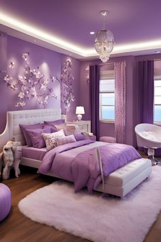 a bedroom decorated in purple and white with a chandelier hanging from the ceiling