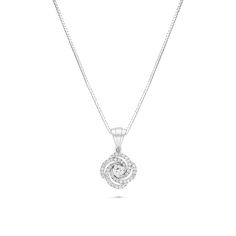 White Diamond Necklace With Halo Design, White Diamond Necklace With Round Pendant Accents, White Diamond Necklace With Halo Round Pendant, White Diamond Necklace With Halo Design And Round Pendant, White Halo Diamond Necklace With Round Pendant, White Diamond Flower Pendant Necklace In Sterling Silver, White Diamond Pendant Necklace With Halo Setting, White Diamond Necklace With Flower Pendant, Spiral White Gold Jewelry With Brilliant Cut