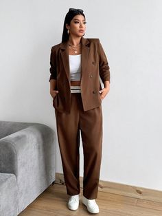 Plus Size 2pcs Set: Vintage Double-Breasted Blazer Jacket & Tapered Pants, Suitable For Spring & Autumn Brown Elegant    Plain  Non-Stretch  Women Plus Clothing, size features are:Bust: ,Length: ,Sleeve Length: Plus Size Suits, Suit Vest, Tapered Pants, Breasted Blazer, Double Breasted Blazer, Comic Styles, Oversize Hoodie, Styl Vintage, Set Vintage