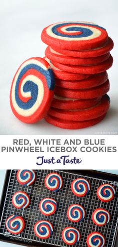 red, white and blue pinwheel icebox cookies are stacked on top of each other