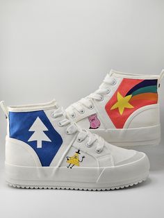 These shoes will be custom Chuck Taylor All-Star High Tops in the Gravity Falls-inspired design. They will be 5 1/2 women.  CUSTOMS- **Designs may vary slightly from the ones pictured due to the fact they are hand-painted and due to the space available on different sizes or shoe types** **Custom shoes will take 5-6 weeks to arrive to you, as I will need to order your size, paint, and ship them** **Orders will arrive in Fandom Designz custom packaging unless otherwise specified. Please message if you would prefer your shoes to come in their original packaging** NO RETURNS OR EXCHANGES ACCEPTED Beads: Truly customize your pair of shoes with a beaded message on the laces (this only applies to shoes with laces, and shoes with enough space for a message).  Add your own personal message of up to Gravity Falls Shoes, White Hand Painted Canvas Shoes With Round Toe, Hand Painted Round Toe Canvas Shoes, Hand Painted Canvas Shoes With Round Toe, Hand-painted Canvas Shoes With Round Toe, Diy Sneakers Designs, Painted Shoes Ideas, Shoe Types, Shoes With Laces