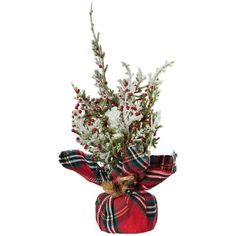 a red plaid vase filled with white flowers and greenery