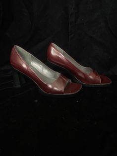 Very cool 1990’s wine red shiny leather open toe heels by enzo angiolini. Funky heel! In good but not perfect condition. Looks like a cat might have nibbled on one of the back ankles (see photo). Plenty of life leftWomen’s size 7.5M Brown Winter Coat, Funky Heels, Open Toe Sandals, Wine Red, Salvatore Ferragamo Flats, Women's Pumps, Womens Heels, Pumps Heels, Open Toe