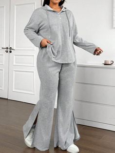 Plus Size Back To School 2pcs Set: Casual Grey Hoodie Sweatshirt And Flared Pants With Leg Slits Grey Casual    Plain  Medium Stretch  Women Plus Clothing, size features are:Bust: ,Length: ,Sleeve Length: Plus Size Jogging Suits, Printed Sleeveless Top, Sweatpants Set, Workwear Fashion, Co Ords, Elegant Dresses Long, Flared Pants, Drawstring Hoodie, Streetwear Women