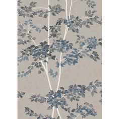 a gray and blue wallpaper with leaves on the top of it, in front of a