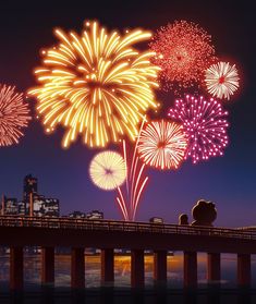 fireworks are lit up in the night sky over a bridge and cityscape with buildings