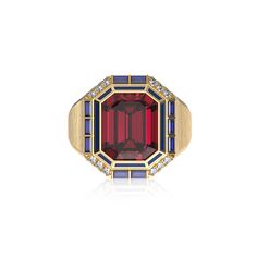 This opulent cocktail ring collection is a true statement of luxury and timeless elegance. Each piece showcases the exquisite craftsmanship of fine enamel work, featuring large, vibrant-colored gemstones paired with lab-grown diamonds. The classic trio of rich red, green, and blue hues come together in perfect harmony, evoking a sense of vintage sophistication. The textured gold band adds a layer of depth, enhancing the overall grandeur and ensuring these rings stand out as masterpieces of retro glamour. 18k Gold Vermeil: With its substantial layer of 18k solid gold on sterling silver, 18k Gold Vermeil is not the typical gold plating. It ensures exceptional durability and provides the same appearance, touch, and quality as pure gold at a fraction of the cost. Rings Stand, Retro Glamour, Colored Gemstones, Diamond Cocktail Ring, Diamond Cocktail Rings, Ring Collection, Ring Stand, Perfect Harmony, Pure Gold