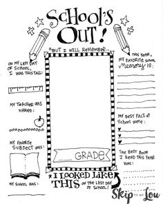 a black and white drawing of a school's out page