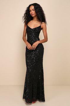 Captivate the crowd with the way you move in the Lulus Mesmerizing Demeanor Black Sequin Backless Mermaid Maxi Dress! Sparkling black sequins create an intricate, wavy design across stretchy mesh knit as it falls from adjustable spaghetti straps into a flattering V-neckline and a fitted bodice. The figure-skimming silhouette continues into a mermaid maxi skirt that features an elegant train at back. The deep V-back creates a sultry final finish! Hidden back zipper/clasp. Fit: This garment fits true to size. Length: Floor length. Size medium measures 51.75" from adjustable straps to hem. Bust: Great for any cup size. Waist: Fitted - very fitted at natural waist. Hip: Fitted - stretchy fabric allows room for hips. Undergarments: May be worn with an adhesive bra, petals, or no bra. Fabric: Fa Mermaid Maxi Skirt, Mermaid Maxi Dress, Prom Dress Inspo, Wavy Design, Prom Dress Inspiration, Black Prom Dress, Cute Prom Dresses, Black Prom, Pretty Prom Dresses