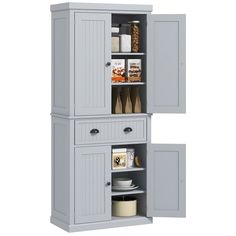 two gray cabinets with doors open and food items in the bottom one on each side