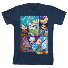 Go super saiyan with this Dragon Ball Super tee. The shirt features images of a blue-haired Goku and Krillin among other characters. The images are made of straight rectangles, slanted shapes, and triangles merged together into one large rectangle. The show’s title appears a t the bottom of the image in yellow and red text. The tee comes in a navy short sleeve crew neck. Fans of the Dragon Ball Super anime will love this t-shirt. Size: small. Gender: unisex. Age Group: toddler. Pattern: Fictitio Blue Pop Culture T-shirt With Character Print, Blue Graphic Tee With Character Print, Blue Character Print Graphic Tee, Blue Anime Print Tops For Fan Merchandise, Blue Cartoon Print T-shirt Fan Merchandise, Blue Cartoon Print T-shirt For Fans, Blue T-shirt With Character Print For Streetwear, Pop Culture Blue T-shirt With Character Print, Blue Fandom Top For Fan Merchandise