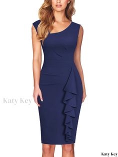 Katykey - Womens Elegant Sleeveless Bodycon Work Dress with Ruffle Trim and Asymmetrical Neckline, Solid Color - Stylish and Professional Elegant Asymmetrical Blue Sleeveless Dress, Elegant Blue Ruffled Sleeveless Dress, Elegant Blue Sleeveless Dress With Ruffles, Fitted Blue Sleeveless Dress With Ruffles, Blue Fitted Sleeveless Dress With Ruffles, Bodycon Work Dress, Ruffle Pattern, Elegant Fabric, Asymmetrical Neckline