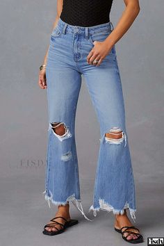 Fisdy - Classic High-Waisted Denim Jeans with Vintage Distressed Detailing Jeans Online, High Waisted Denim, High Waist Jeans, Olivia Mark, Wholesale Fashion, Long Pants, Denim Fashion, Womens Bottoms, Denim Jeans