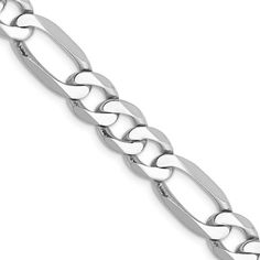 Rhodium over 14k white gold 7mm solid flat figaro 20 inch chain with a lobster claw clasp. White Figaro Chain Link Jewelry, White Gold Figaro Chain Link Jewelry, White Gold Oval Link Jewelry With Figaro Chain, Bracelets Gold Diamond, Gold Diamond Earrings, Tourmaline Stone, Ruby Jewelry, Emerald Jewelry, Gold Diamond Rings