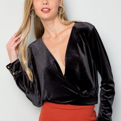 Black Velvet Top With Deep V Neckline. * Super Soft Feel * Gold Button Detailing * 90% Polyester, 10% Spandex * Brand New Boutique Item Without Tags * Approximate Measurements: Pit To Pit- Small: 18" Medium: 19" Large: 20" Length- 18" 18.5" 19" * Please Note: The Size Small Came From The Manufacturer Without The Gold Buttons On One Of The Sleeves. Please See Last Photo. C6c V-neck Tops With Buttons For Night Out, V-neck Buttoned Top For Party, V-neck Party Top With Buttons, Sleek Tops With Button Closure For Night Out, V-neck Button Top For Night Out, Stretch Top With Button Closure For Party, Stretch Tops With Button Closure For Party, Chic Party Tops With Button Closure, V-neck Tops With Buttons For Date Night