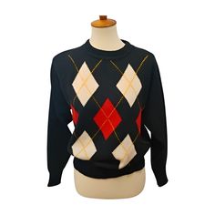 This is a vintage black argyle crewneck sweater with red and white, from Sweater Bee. It is made from wool blend. Condition - excellent, clean, pre-owned condition. Light pilling. I estimate this to be a medium. There is no size tag in the sweater. Please check measurements. Pit-pit 20.5" Waist 20" Sleeve 21.5" Length 23" VA Checked Vintage Pullover, Pullover Outfit, Crewneck Sweater, Size Tag, Crew Neck Sweater, Vintage Black, Sweater Outfits, Labour Day, Wool Blend