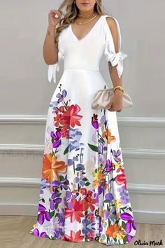 Olivia Mark - Stylish Hollowed Out Frenulum V-Neck Maxi Dress for Casual Wear Maxi Pattern, Button Shirt Dress, Chic Type, Linnet, Maxi Dress With Sleeves, Summer Maxi Dress, Printed Maxi, Types Of Skirts, Printed Maxi Dress