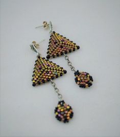 Dimensional Beadwoven Triangle Earrings | Etsy Handmade Multicolor Earrings For Evening, Beaded Teardrop Jewelry For Evening, Metal Beaded Earrings With Faceted Beads For Gifts, Handmade Metal Beaded Earrings For Party, Unique Handmade Metal Beaded Earrings, Black Beaded Chain Earrings As A Gift, Adjustable Triangular Beaded Jewelry, Adjustable Triangle Beaded Jewelry, Elegant Triangle Beaded Earrings Gift