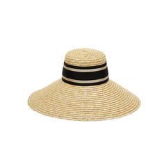 Natural straw UPF 50+ protection wide-brim sunhat with black/beige striped ribbon band and tails. 6.75" X 4" X 6.25" SKU: 21015-04324 Adjustable Striped Straw Sun Hat, Striped Brimmed Sun Hat For Vacation, Striped Sun Hat With Curved Brim For Vacation, Striped Fedora Sun Hat For Vacation, Striped Straw Hat For Summer Vacation, Striped Wide Brim Straw Sun Hat, Striped Wide Brim Straw Hat For Beach, Adjustable Striped Brimmed Straw Hat, Striped Brimmed Straw Hat For Vacation