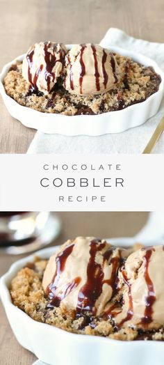 chocolate cobbler recipe with ice cream and caramel drizzle