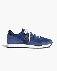 Madewell x Saucony® dxn Trainer Sneakers in navy. #wellheeled Navy Blue Sneakers, Navy Blue Shoes, Navy Sneakers, Suede Trainers, Suede Leather Shoes, Navy Shoes, Trainer Sneakers, Sole Shoes