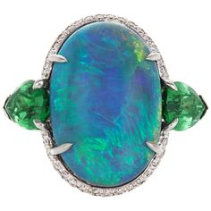 AGL 10.99 Carat Black Opal Ring with 4.36 Cts Tsavorite and Diamond in Platinum For Sale at 1stDibs Black Opal Fine Jewelry, Luxury Black Opal Ring, Elegant Style, Luxury Green Opal Ring With Polished Finish, Luxury Cabochon Opal Ring For Engagement, Luxury Unique Round Gemstones, Luxury Classic Opal Ring Oval Cabochon, Green Diamond Ring, Elizabeth Kubler Ross, Australian Black Opal