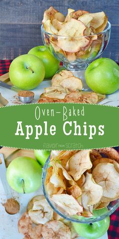 an image of oven baked apple chips with apples in the background and text overlay